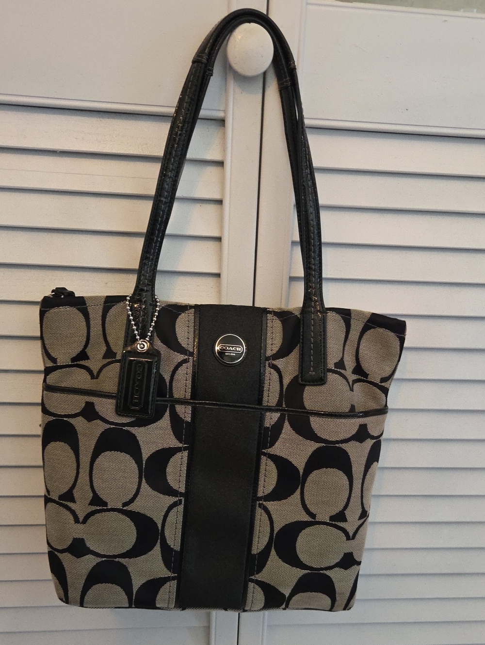Coach Black  Canvas Tote with Leather Trim